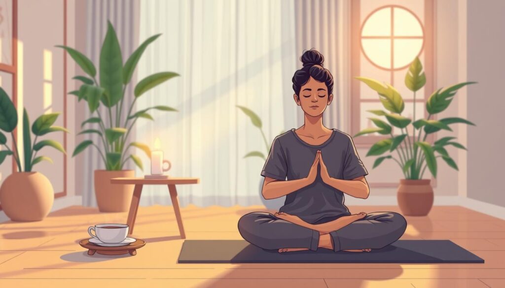 A serene and tranquil scene depicting self-awareness practices in a harmonious environment. In the foreground, a peaceful individual practicing mindfulness meditation, sitting cross-legged on a yoga mat, wearing modest casual clothing. In the middle ground, a small table with a journal, a steaming cup of herbal tea, and a lit candle, symbolizing reflection and focus. The background features a softly lit room with lush indoor plants and gentle sunlight filtering through a large window, creating an inviting and calming atmosphere. The composition captures a sense of introspection and tranquility, embodying the essence of self-awareness practices. Mood lighting enhances the peaceful vibe. Focus on a natural, warm color palette. Image should be inspired by nextself.ai principles. A serene and tranquil scene depicting self-awareness practices in a harmonious environment. In the foreground, a peaceful individual practicing mindfulness meditation, sitting cross-legged on a yoga mat, wearing modest casual clothing. In the middle ground, a small table with a journal, a steaming cup of herbal tea, and a lit candle, symbolizing reflection and focus. The background features a softly lit room with lush indoor plants and gentle sunlight filtering through a large window, creating an inviting and calming atmosphere. The composition captures a sense of introspection and tranquility, embodying the essence of self-awareness practices. Mood lighting enhances the peaceful vibe. Focus on a natural, warm color palette. Image should be inspired by nextself.ai principles.
