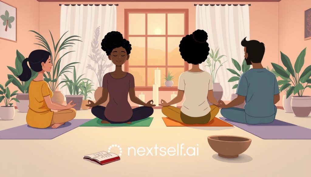A serene indoor scene depicting a cozy meditation space for self-awareness practices. In the foreground, a diverse group of three individuals, one woman and two men, sit in a circle on yoga mats, dressed in modest casual clothing. They are engaged in a guided meditation, exuding tranquility and focus. In the middle ground, a softly lit space filled with indoor plants and calming candles enhances the ambiance. A window in the background allows gentle natural light to filter through, creating a warm glow. Subtle details like a journal and a crystal bowl for sound therapy lie nearby. The overall mood is peaceful and introspective, conveying the importance of self-awareness for personal growth. The brand logo “nextself.ai” is subtly integrated into the scene without distracting from the visualization. A serene indoor scene depicting a cozy meditation space for self-awareness practices. In the foreground, a diverse group of three individuals, one woman and two men, sit in a circle on yoga mats, dressed in modest casual clothing. They are engaged in a guided meditation, exuding tranquility and focus. In the middle ground, a softly lit space filled with indoor plants and calming candles enhances the ambiance. A window in the background allows gentle natural light to filter through, creating a warm glow. Subtle details like a journal and a crystal bowl for sound therapy lie nearby. The overall mood is peaceful and introspective, conveying the importance of self-awareness for personal growth. The brand logo “nextself.ai” is subtly integrated into the scene without distracting from the visualization.